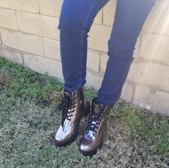 Combat Metallic Lace Up Boots - - Picture 3 of 5